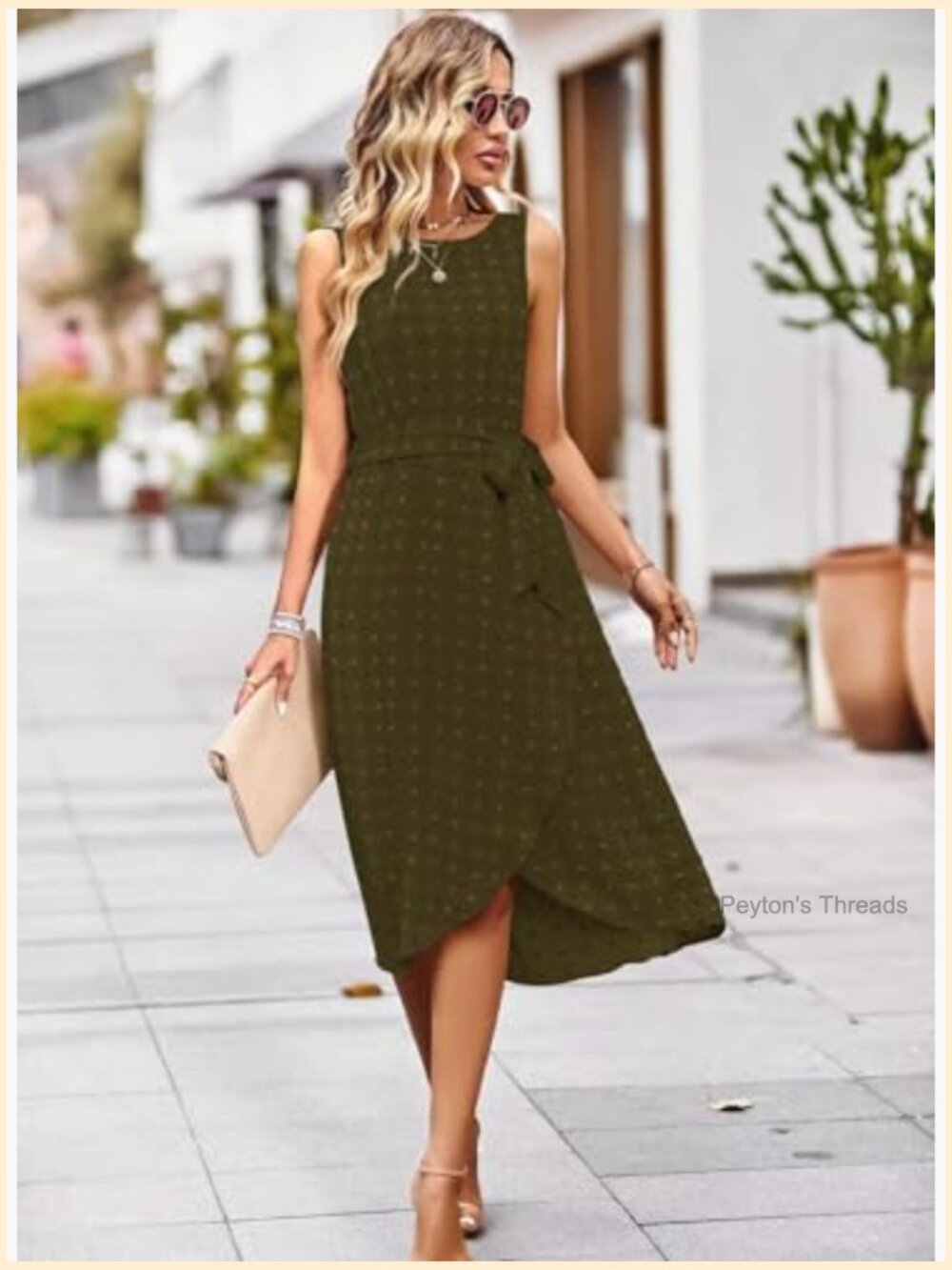 Belted Sleeveless Split Midi Dress with Pockets Crew Neck Boho Sundress - Picture 3 of 7